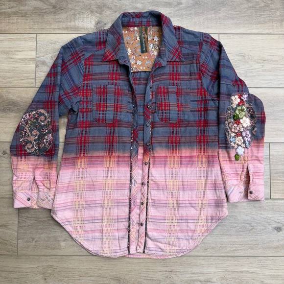 Aratta Silent Journey Tops - Aratta Silent Journey Flannel Shirt Jacket Patched Boho Grunge Ombre Bohemian
